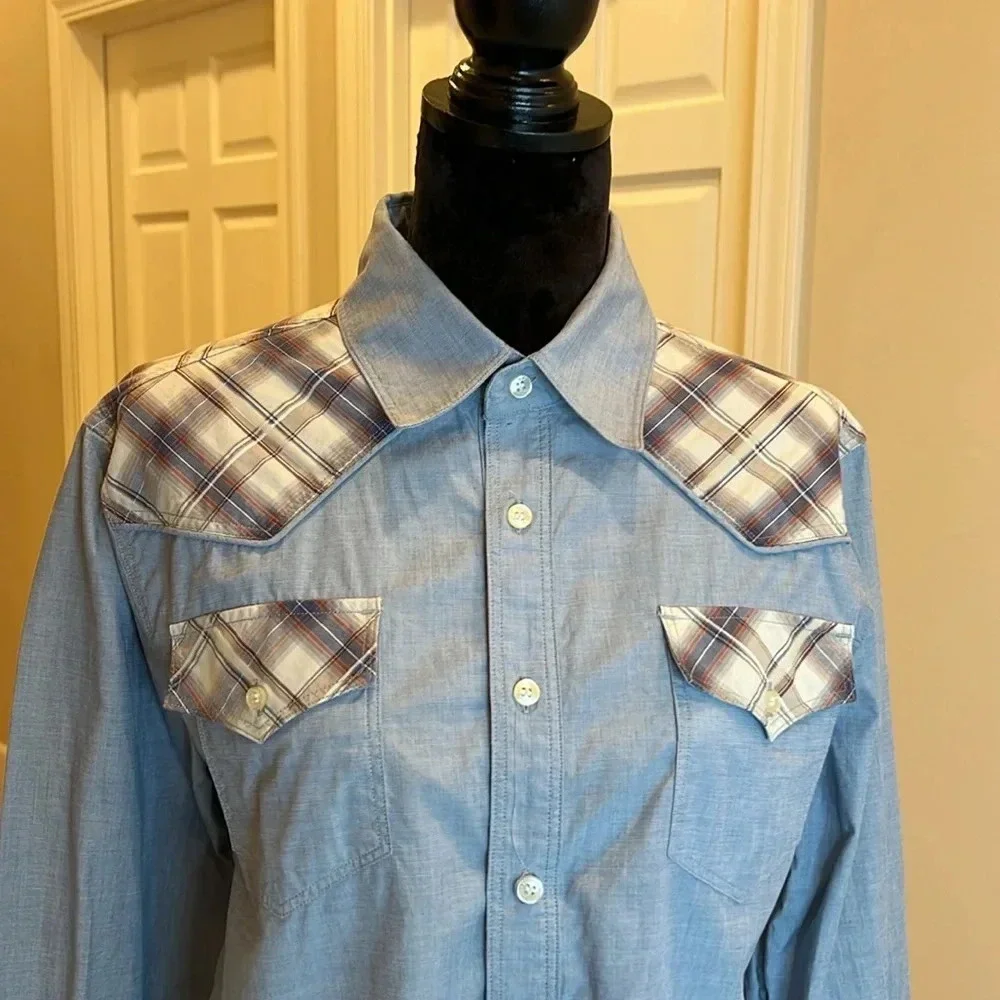 7 For All Mankind Shirt Western‎ Chambray Plaid - Picture 2 of 10